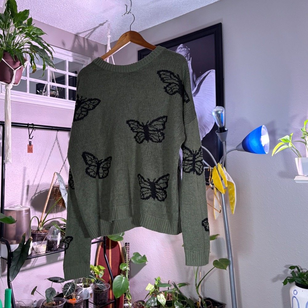 Just‎ Polly New York Olive Green Butterfly Knit Sweater Size L